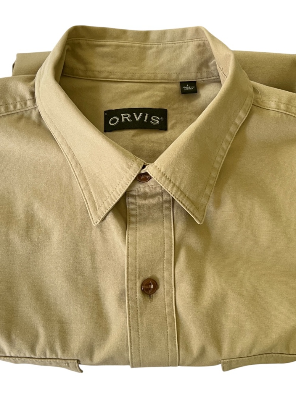 Orvis Size L Safari Camp Shirt Tan Khaki Short Sleeve Button Down Shoulder Tabs